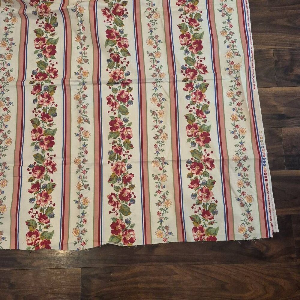 Fabric, White/Red/Pink Striped Floral Cotton Benartex Magic Vine by Eleanor Burn